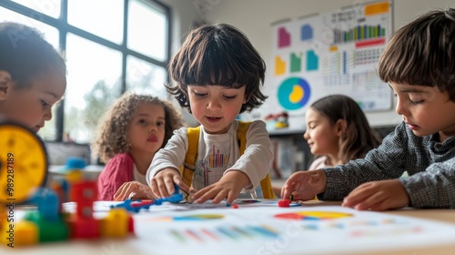 A child pretending to present AI research findings, showing toy charts and graphs to other children,