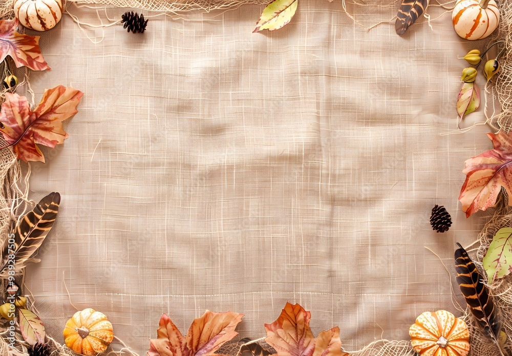 Fall Leaves and Pumpkins on Linen Background Fall Leaves and Pumpkins on Linen Background