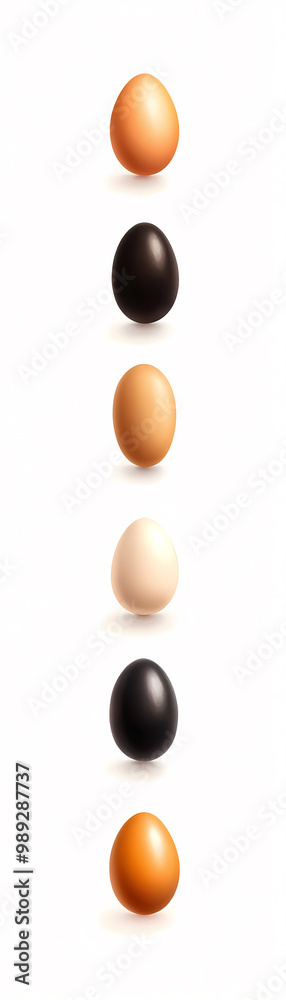 A row of eggs with different colors, including black and white. The eggs are arranged in a line, with the black and white eggs in the middle A row of eggs with different colors, including black and white. The eggs are arranged in a line, with the black and white eggs in the middle