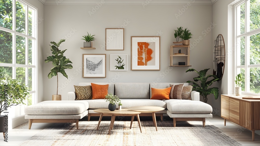 Fototapeta premium Welcoming and Spacious Modern Scandinavian Inspired Living Room with a Sizable Plush Fabric Sectional Mid Century Wood Furnishings and Abundant Natural Light Flooding the Space