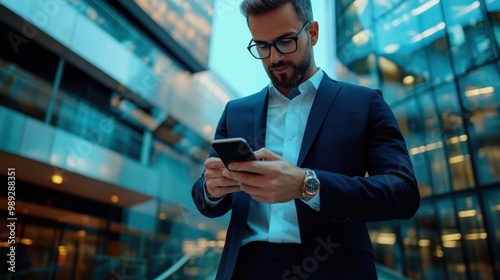 Corporate executive making a financial transfer via smartphone, using mobile banking and blockchain technology for secure global transactions.