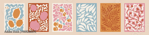 Lemon background. Matisse poster. Abstract art. Vintage fruits painting. Peaches and pomegranates. Citrus leaves. Natural flowers. Botanical irregular forms. Vector floral cards set