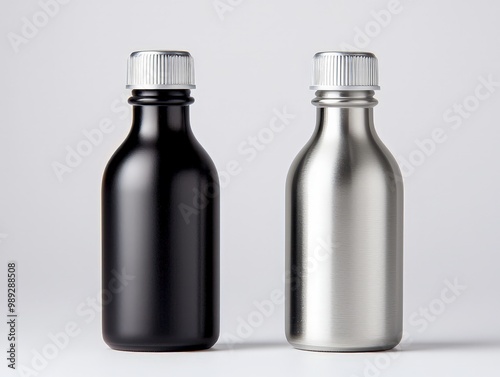 Elegant Duo of Black Glass and Silver Metal Bottles on Minimalist White Surface - Luxury Product Display with Clean Modern Aesthetic for Packaging and Advertising