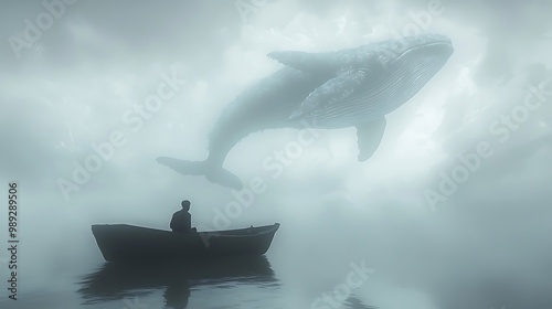 Tranquil Encounter: Fisherman in Boat Gazing at Giant Water Whale Floating in Sky with Soft Lighting and Delicate Textures