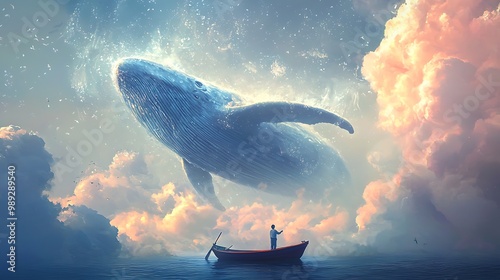 Tranquil Fisherman Gazing at Enormous Water Whale in Serene Sky Scene
