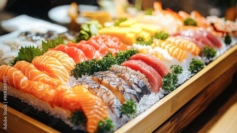 A tray of sushi with a variety of fish and vegetables A tray of sushi with a variety of fish and vegetables