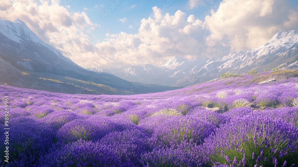 An untouched valley with fields of lavender stretching across the horizon, with a soft breeze blowing through the flowers and a distant mountain range in the background