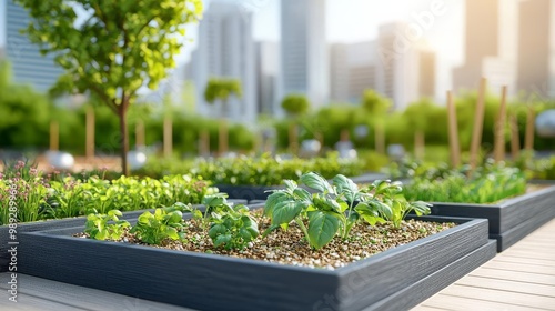 Lush urban garden with raised beds, greenery, and city skyline in the background. photo