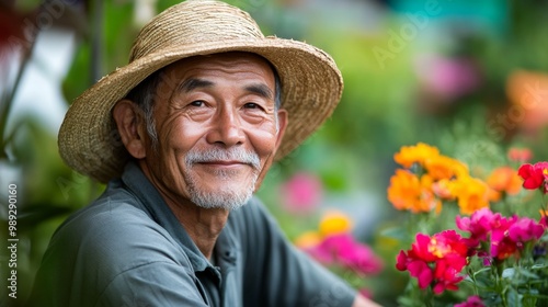 Elderly gentleman with a straw hat, smiling peacefully while tending to his garden, vibrant flowers surrounding him