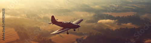 A small airplane circles over the panorama of the field,while below spreads a vast green expanse,creating a harmonious unity of nature and technology