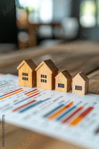 Real estate market analysis, property icons with financial graphs photo