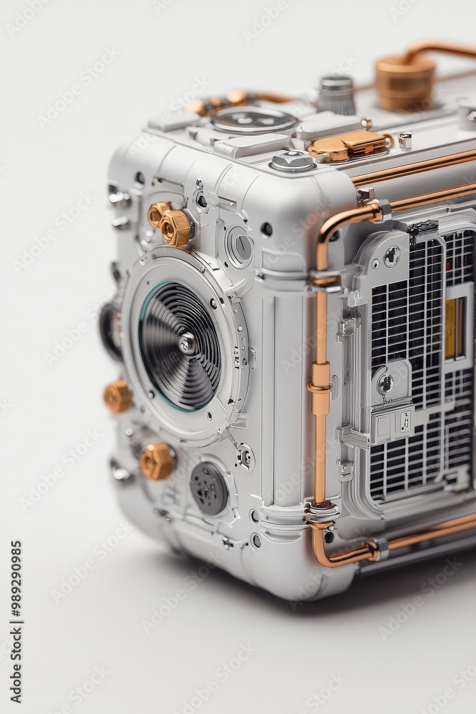 Intricate Metallic Mechanism Close-Up View of Futuristic Steampunk Tech on White Background - Modern Industrial Design for Technology Concept Intricate Metallic Mechanism Close-Up View of Futuristic Steampunk Tech on White Background - Modern Industrial Design for Technology Concept