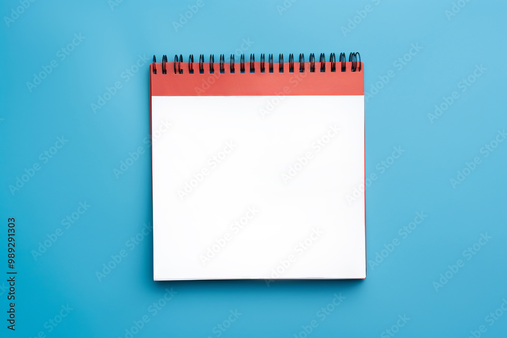 Empty desk calendar with a red cover, lying on a blue background. Record important dates and events. Planning, organization and time management concept. Empty desk calendar with a red cover, lying on a blue background. Record important dates and events. Planning, organization and time management concept.