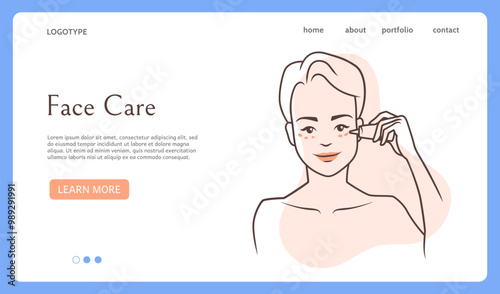 Face care landing page. Cosmetic moisturizing cream. Beauty routine. Website design template. Woman applying moisturizer. Facial skincare procedure. Outline girl head. Vector background