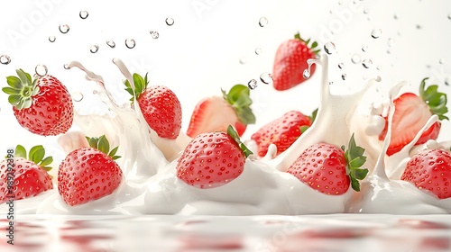 Fresh strawberries splashing in creamy milk, creating a refreshing and appetizing scene.