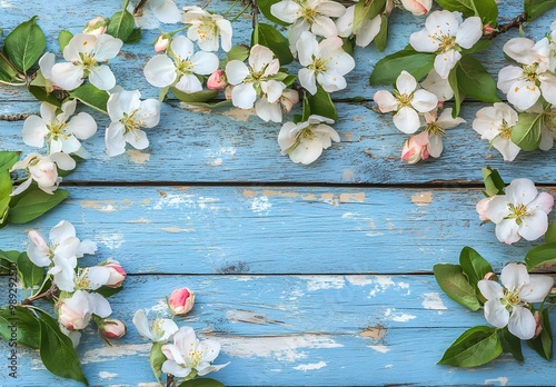 Spring Apple Blossoms on Blue Wooden Background