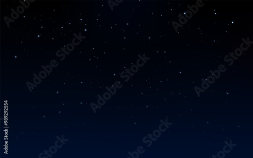 Night sky. Blue stars. Dark starry space. Midnight starlit. Black texture celestial field. Galaxy starlight. Magic universe glitter. Cosmic constellation. Vector astronomy background