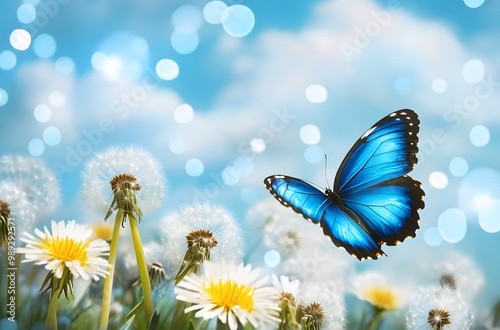 Blue Butterfly Soaring Over Dandelion Meadow