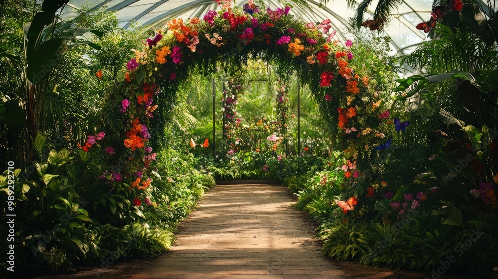 Fototapeta premium A whimsical garden wedding backdrop with an archway of colorful flowers, vines, and butterflies, set in a lush, green botanical garden