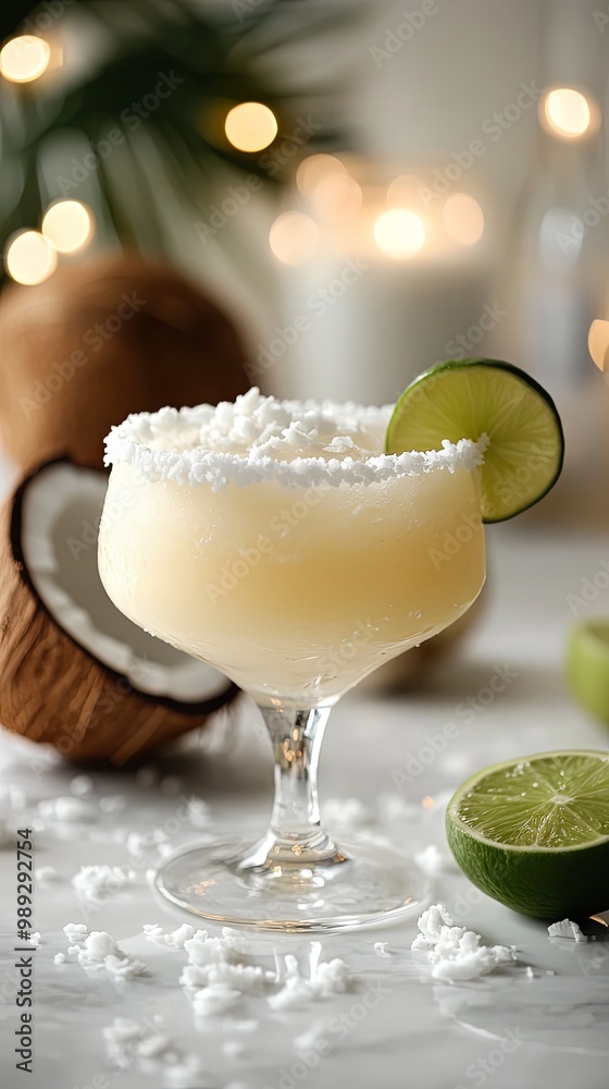 A coconut margarita in a salt-rimmed glass A coconut margarita in a salt-rimmed glass