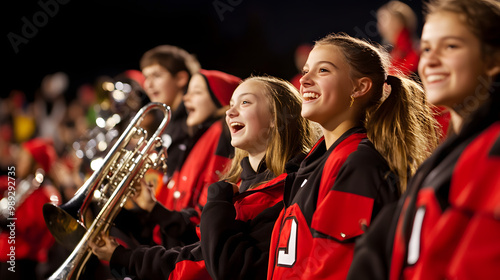 A high school football game in progress with cheering fans and marching band playing.
