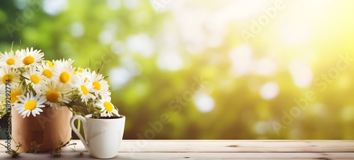 Spring Daisies & Coffee Mug on Wooden Table