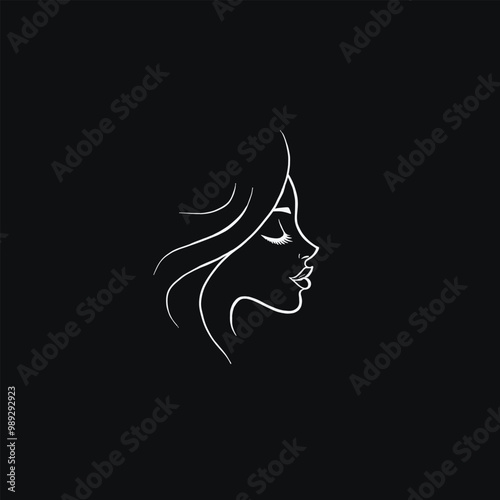 Logo design of a female profile face with simple shapes and lines, in a minimalist style, with a black and white background 