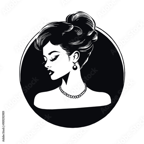 Beautiful woman in off shoulder dress with combed hair and pearl earrings on neck in black color on white background, round logo design vector illustration