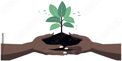 Flat design illustration of two hands holding small tree for planting on fertile soil. Environmental conservation concept