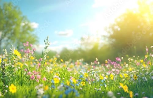 Vibrant Spring Meadow with Blooming Wildflowers