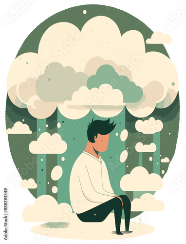 Man sitting on depressive cloud. Mental health concept