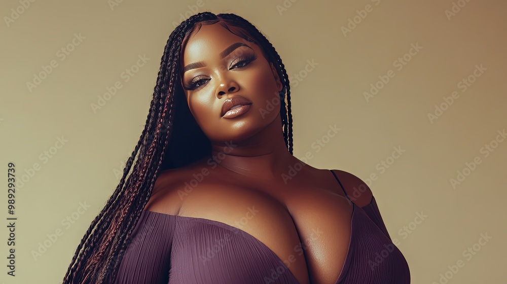 A dark-skinned plus-size model with long braids A dark-skinned plus-size model with long braids