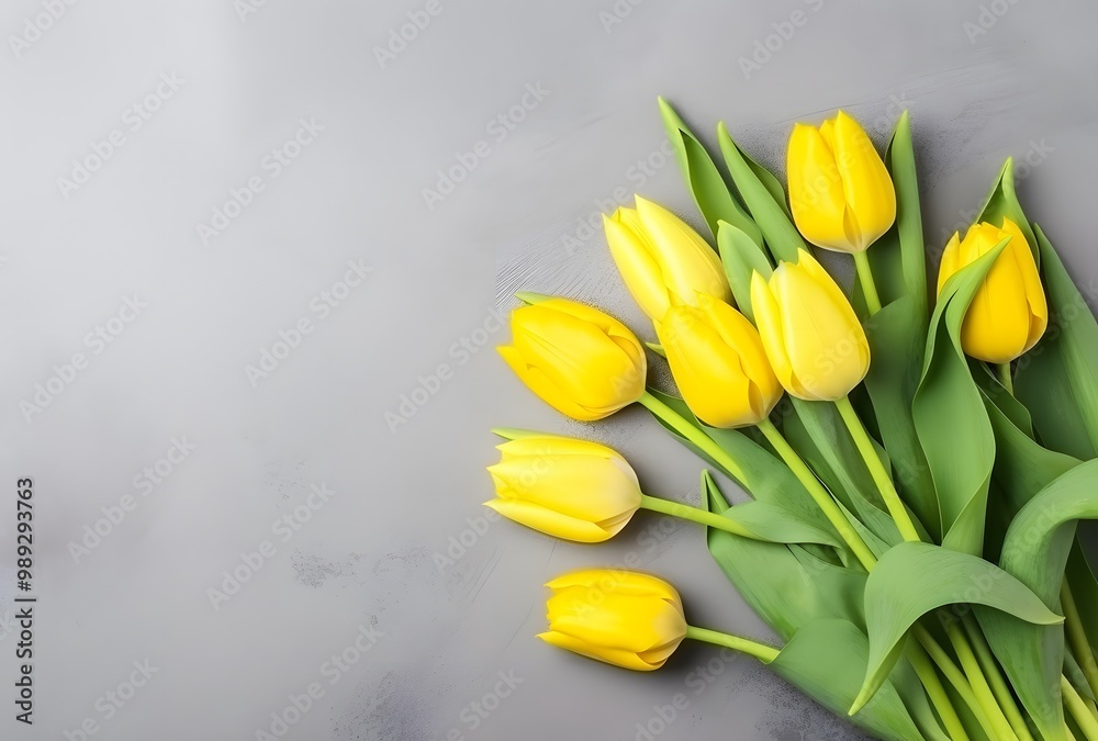 Yellow Tulips on Gray Concrete Background with Copy Space