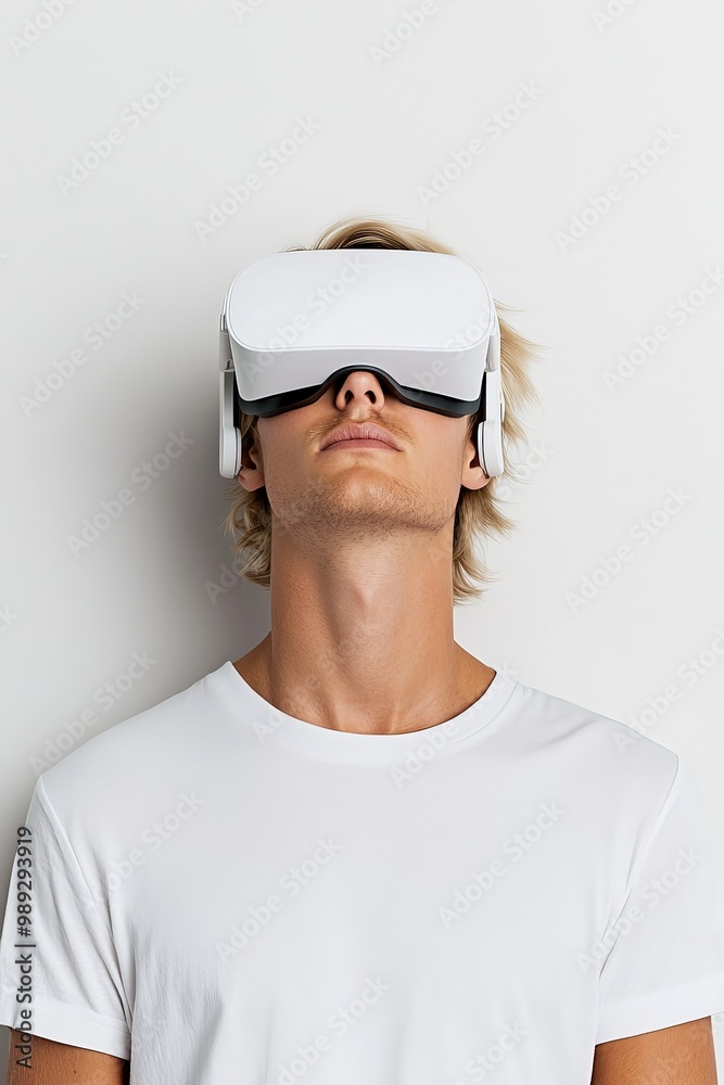 Immersive Virtual Reality Experience Closeup of Young Man in White Headset Against Minimalist White Background - Modern Technology Concept Immersive Virtual Reality Experience Closeup of Young Man in White Headset Against Minimalist White Background - Modern Technology Concept