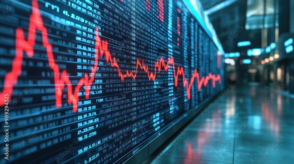 Large digital display with a red downward stock market trend line and numerous numbers and symbols Large digital display with a red downward stock market trend line and numerous numbers and symbols