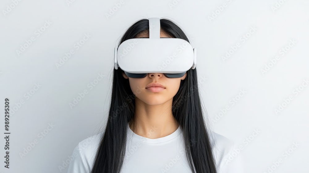 Immersive VR Experience Closeup of Woman in White Headset on Minimalist Background - Futuristic Technology Concept Immersive VR Experience Closeup of Woman in White Headset on Minimalist Background - Futuristic Technology Concept