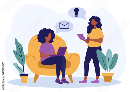 Two women engaging in a discussion while using laptops, one seated and one standing, with speech bubbles showing an email and a light bulb. Indoor setting with plants. Concept of collaboration