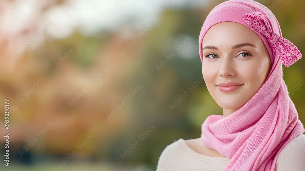 A smiling woman in a pink hijab stands outdoors, showcasing a breast cancer awareness . A smiling woman in a pink hijab stands outdoors, showcasing a breast cancer awareness .