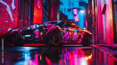 A modified car with a custom paint job drifting through an alley neon lights reflecting off its surface.