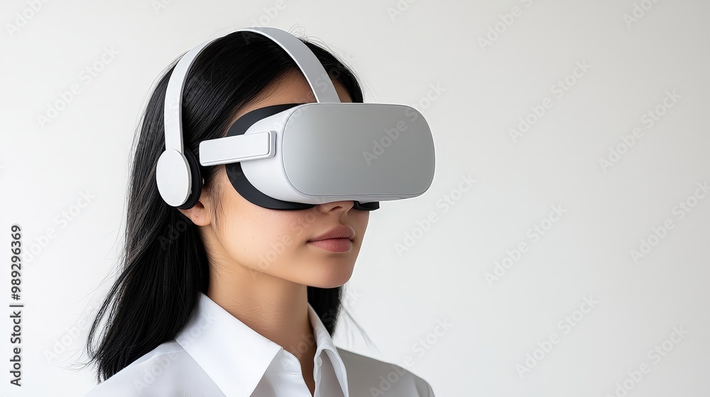 Immersive Technology Experience Close-up of Woman in White VR Headset against Minimalist Background Futuristic VR Concept Immersive Technology Experience Close-up of Woman in White VR Headset against Minimalist Background Futuristic VR Concept