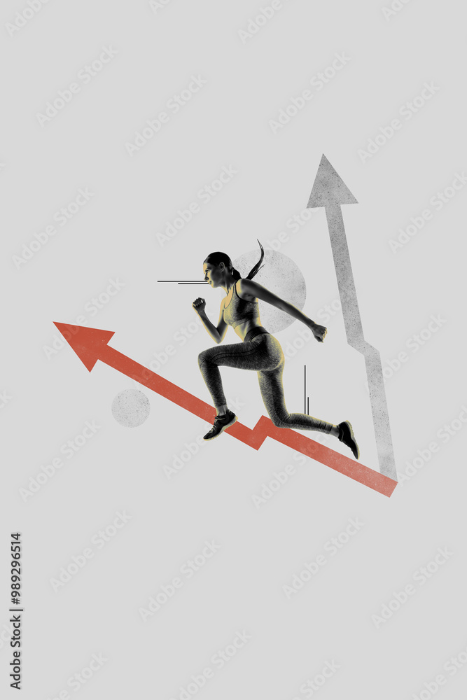 Vertical photo collage of serious girl run arrow pointer jogging motivation determination progress isolated on painted background Vertical photo collage of serious girl run arrow pointer jogging motivation determination progress isolated on painted background