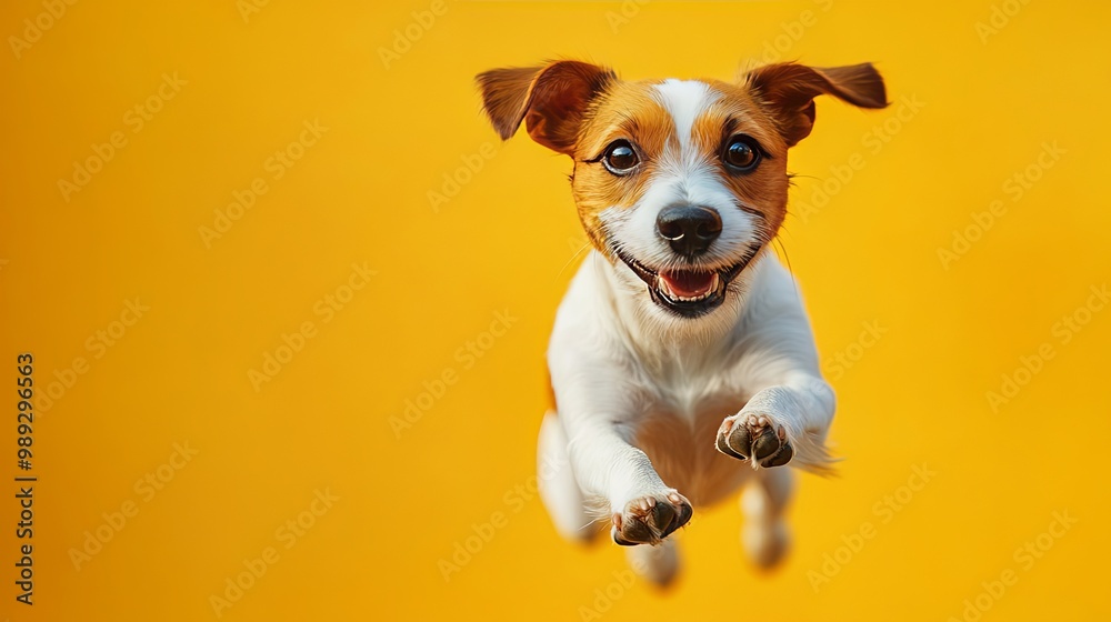 A lively Jack Russell Terrier jumping mid-air on a vibrant orange background A lively Jack Russell Terrier jumping mid-air on a vibrant orange background