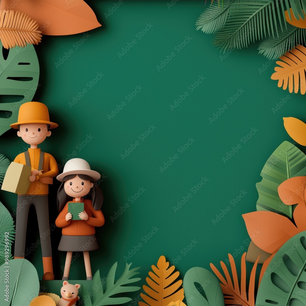 Obraz premium Playful Characters Surrounded by Tropical Foliage