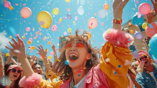 A joyful crowd celebrates with confetti and balloons, capturing the excitement of a festival or celebration.