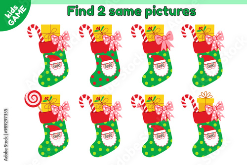 Educational kids game. Find 2 same picture with cartoon Christmas stocking with Santa Claus. Xmas sock with gift box, candy cane and bow. Puzzle for education children. New Year vector illustration.