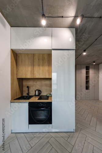 interior of small modern luxure kitchen in studio loft apartments photo