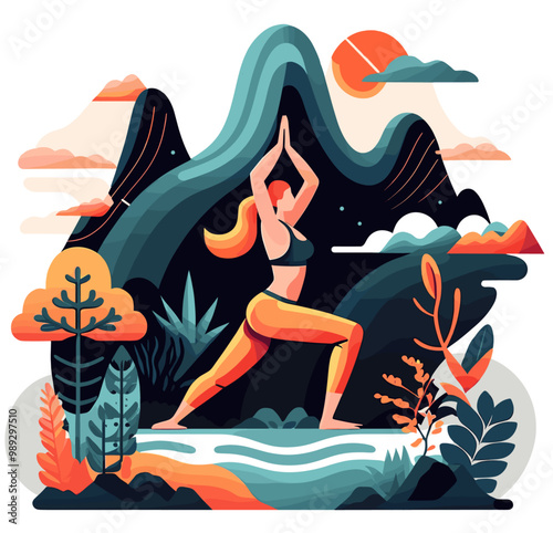 Woman performing yoga in nature landscape. Flat design illustration