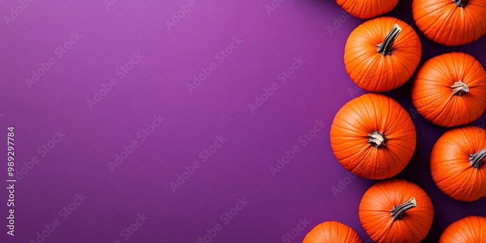 Vibrant purple background with pumpkins , creating an autumn-themed design for advertising and social media promotion of products during Halloween or harvest seaso