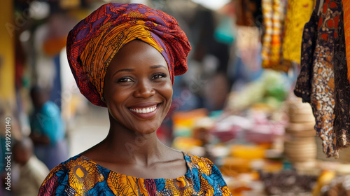 Portrait of a woman in traditional Nigerian attire with a brightly colored gele headwrap, smiling joyfully, standing against a lively market backdrop photo