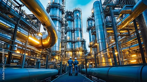 Industrial refinery plant with workers in safety gear, showcasing modern engineering, oil and gas pipelines, and energy production.

